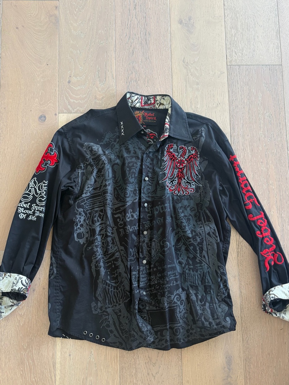 Rebel Spirit Black Long-Sleeve Button-Down Shirt with Red Embroidered Crest